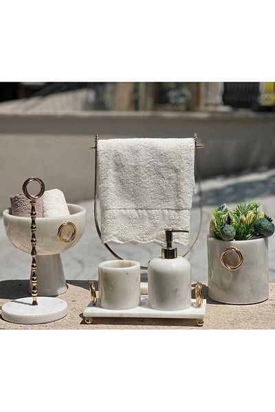 Sümeyra Marble Art OLIVYA- طقم حمام رخام أبيض - 7 قطع - تفاصيل ذهبية - وعاء رخامي - منشفة