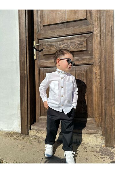 favorimkids New White Black Bottom Top Set ( Pantalon Shirt ) 100% linen
