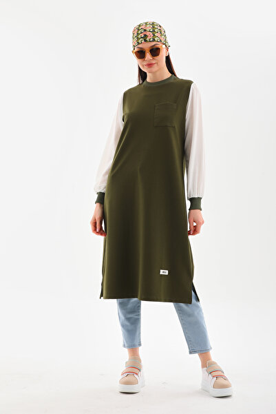 Elif Okur Tesettür Uzun Sweat Tunik Gömlek Kollu 110cm Haki 1251