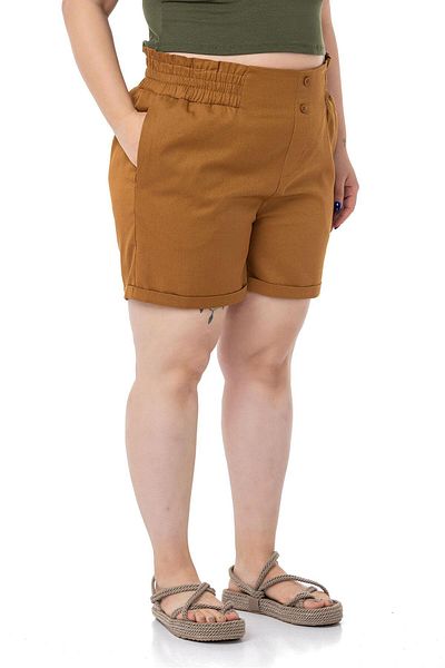 DISENTIS MODEST Plus Size Gabardine Cinnamon Shorts with Elastic Waist Side and Back and Fold Detail