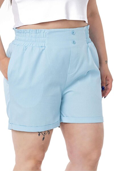 DISENTIS MODEST Plus Size Gabardine Baby Blue Shorts with Elastic Waist, Side and Back and Fold Detail