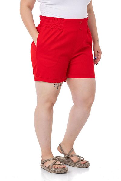 DISENTIS MODEST Plus Size Gabardine Red Shorts with Side and Back Elastic Waist and Fold Detail