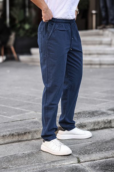 COMBİNE MİCHAİL Navy Blue Men's Summer Linen Blend Relaxed Trousers