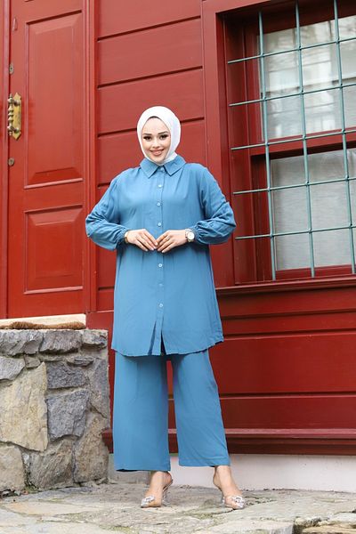 Sfg Life Moda WOMEN'S TESETURES WITH BUTTON FRONT AND SHIRT COLLAR, WOVEN VISKOSE DOUBLE PANTALON SLIPPING SUIT