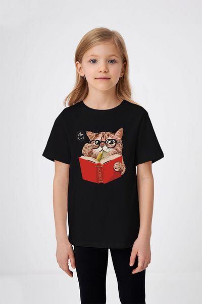 ADABEBEK Tricou pentru fetiță cu imprimeu Meow Citind o carte cu ochelari