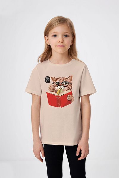 ADABEBEK Meow Printed Girl's T-Shirt που διαβάζει ένα βιβλίο με γυαλιά