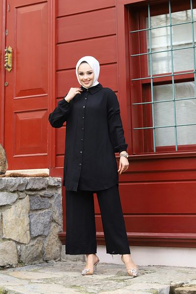 Sfg Life Moda WOMEN'S TESETURES WITH BUTTON FRONT AND SHIRT COLLAR, WOVEN VISKOSE DOUBLE PANTALON SLIPPING SUIT