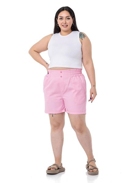 DISENTIS MODEST Plus Size Gabardine Pink Shorts with Side and Back Elastic Waist and Fold Detail