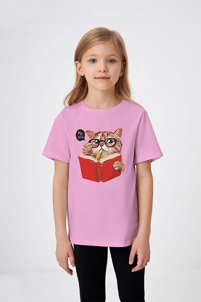 ADABEBEK Meow Printed Girl's T-Shirt που διαβάζει ένα βιβλίο με γυαλιά