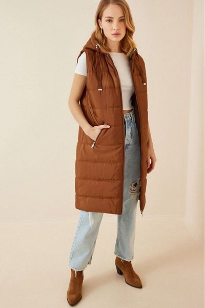 hazelin Women's Chocolate Hard Hooded Lined Long Puffer Vest Hzl22w-bd151401