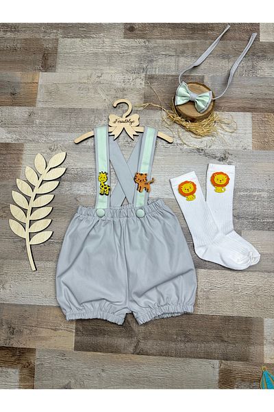 Feriatolye Safari concept gray baby boy birthday salopette