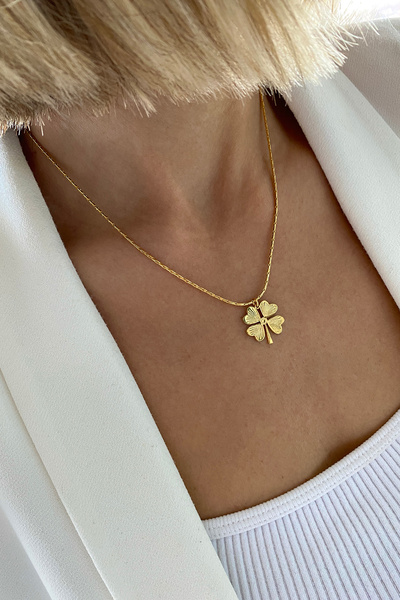 Bonnjerra Jewellery Altın Kaplama Yılan Zincir Yonca Kolye