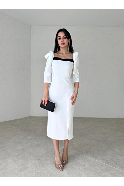 Afiş Butik White Padded Slit Midi Dress