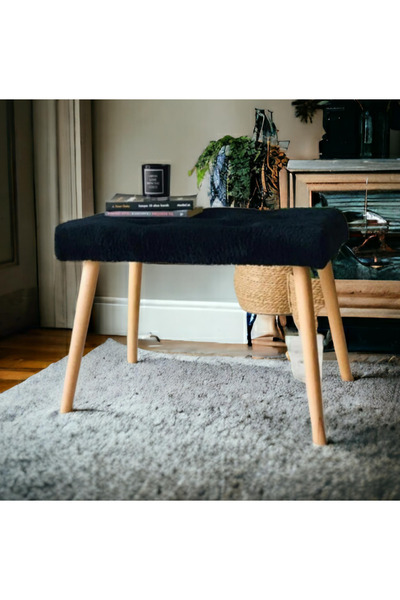 BEYLERBEYİ Gürgen Retro Ahşap Ayaklı Handmade Siyah Pofidik Puf Bench Koltuk Sandalye