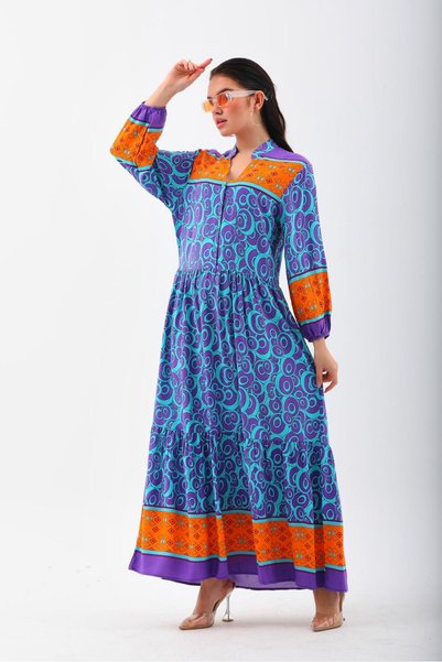 AYASOFYA OTANTIK Women's Button Detail Placket Collar Ethnic Patterned Sleeve Elastic Long Loose Ethnic Dress