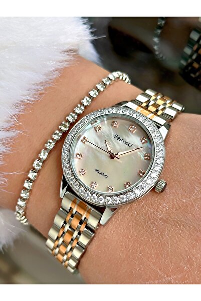 Ferrucci ساعة يد نسائية بحزام فولاذي بلون ذهبي وردي + هدية سوار