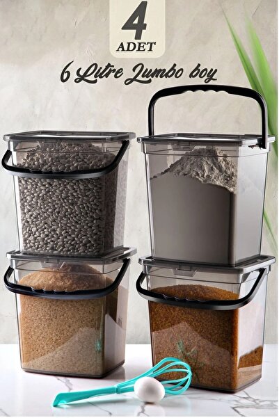 Homesea Mega Boy 4'lü Kare Un Bakliyat Kabı 6 Litre - Kulplu Deterjanlık Saklama Kutusu Kabı Antrasit