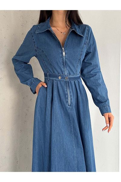 efstyle front zipper flared skirt belt long-sleeved denim dress