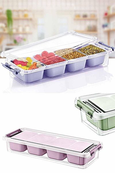 Pink Cat Kitchen Maxi 4 Compartment Multi-Purpose Storage Box with Lid Plastic Breakfast Storage Container Organizer 2.5lt