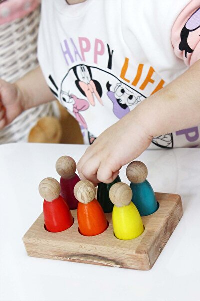 ALGWOOD Waldorf Peg Bebek Renk Eşleştirme Oyunu 6li İnsan Figürleri Doğal Ahşap 14x10cm