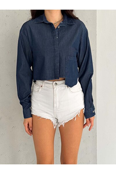 efstyle düğmeli tek cep detaylı kısa denim gömlek