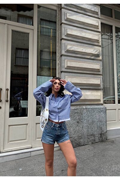 Lady Pixie Etek Detaylı Çizgili Crop Gömlek