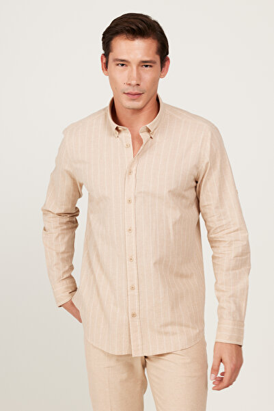 ALTINYILDIZ CLASSICS Beige Slim Fit Striped Men's Shirt - 100% Cotton, Buttoned Collar