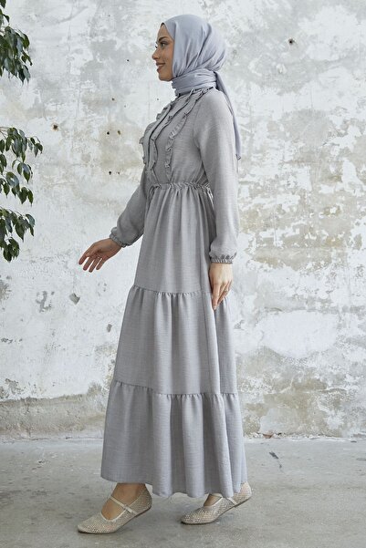 InStyle Frilly Detailed Buttoned Ayrobin Dress - Gray