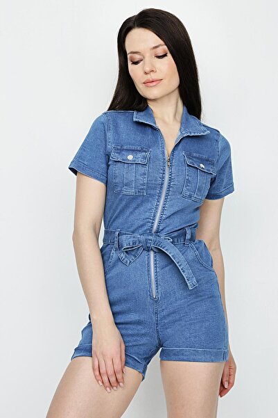 Select Moda Γυναικεία κοντή φόρμα τζιν με ζώνη