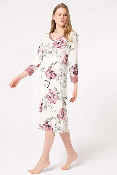 Anıl 5801 Long Sleeve V-Neck Bamboo Floral Patterned Winter Knitted Normal Waist Lace Detailed Nightgown