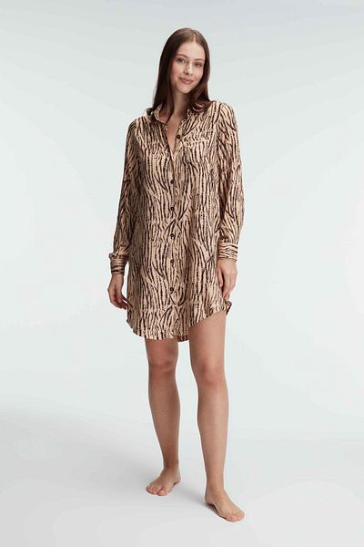 Anıl 5820 Home Wear Sleeve V-neck Women's Viscose Leopard Print Summer Knitted Regular Waist Mini Nightgown