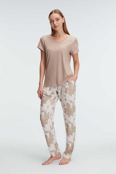 Anıl 9941 Short Sleeve Crew Neck Women's Viscose Flower Patterned Summer Knitted Lace Detailed Pajamas Set