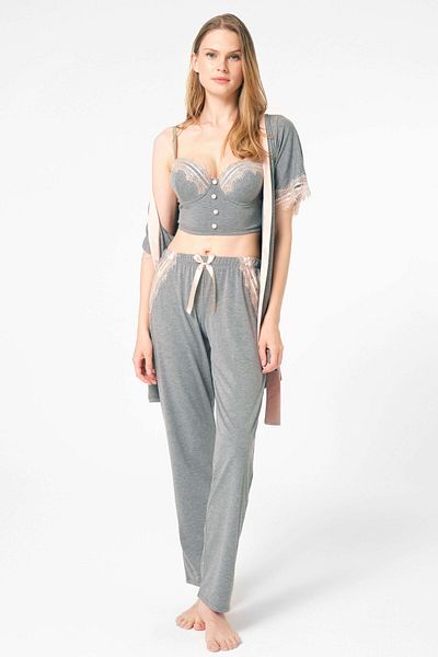 Anıl 5804 Long Sleeve V-neck Viscose Plain Winter Knitted Normal Waist Tied Lace Detailed Pajamas Set S