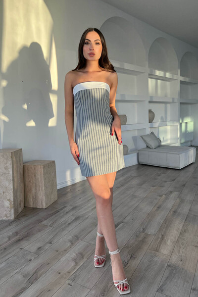 Seda Yalçın Atelier Gray Striped Strapless Detailed Mini Dress