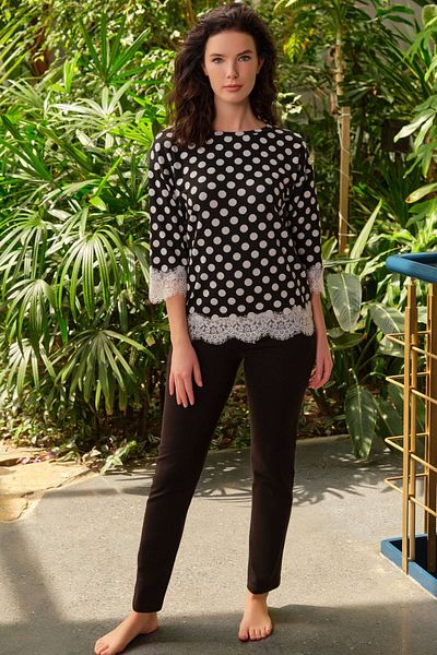 Anıl Women's Viscose Polka Dot Long Sleeve Lace Sweatshirt and Trousers Pajama Set (9760)