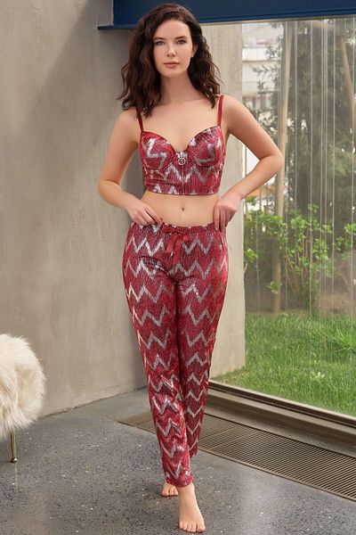 Anıl Set de pijamale pentru femei, din catifea, cu sârmă, căptușită, lucioasă, imprimată, cu fermoar, detaliat, bustieră și pantaloni