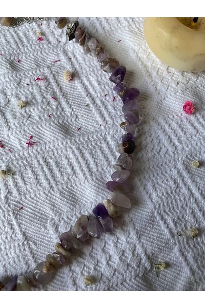 Elifsu Jewelry Amethyst and Cheroite Stone Mixed Wrinkled Natural Stone Necklace
