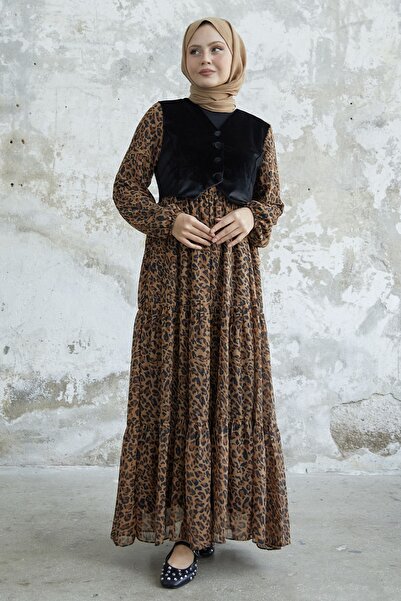 InStyle 2313 Muster Samt Chiffon Kleid mit Taschen - Braun