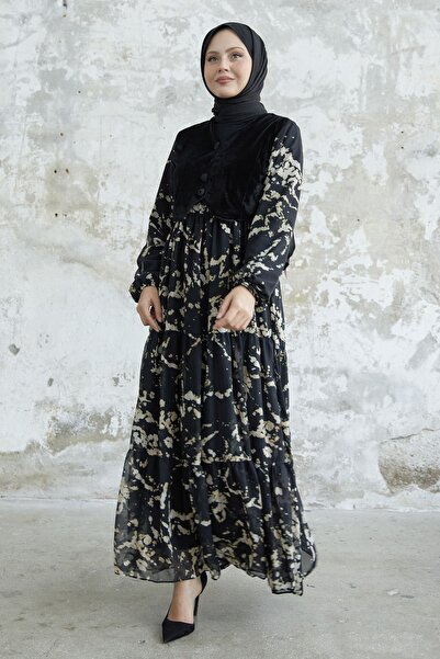 InStyle Φόρεμα σιφόν με βελούδινη τσέπη - Μαύρο