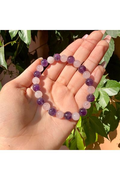 Elifsu Jewelry Amethyst and Pink Quartz Stone Bracelet