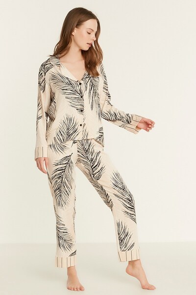 C&City Patterned Viscose Long Sleeve Shirt Pajama Set 9082 Cream