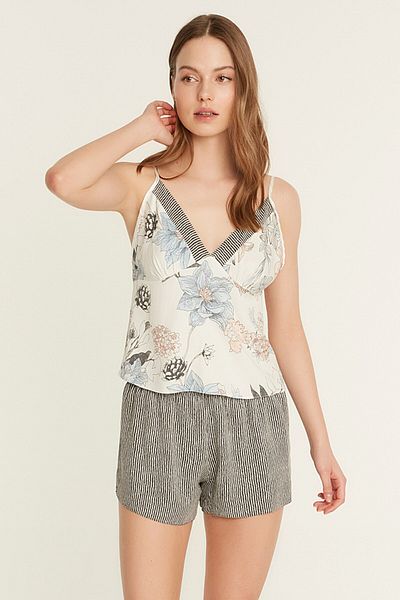 C&City Patterned Viscose I?p Strappy Athlete Shorts Pajama Set 9083 Ecru