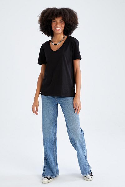 DeFacto Regular Fit V-Neck Short Sleeve 100% Cotton T-Shirt M9545az22sp