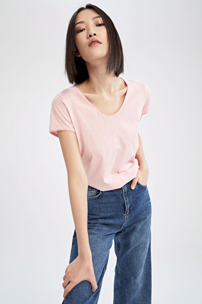 DeFacto Μπλουζάκι με κανονική εφαρμογή V-λαιμόκοψη κοντό μανίκι 100% βαμβακερό T-shirt K1507az22sm