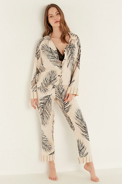 C&City Patterned Viscose Long Sleeve Shirt Pajama Set 9082 Cream