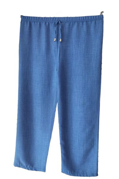 PARİS WOMEN'S LARGE SIZE BOL CUT BLUE LINEN PANT-BOTTOM