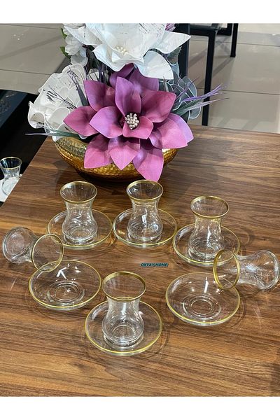 Paşabahçe Classic Series Gilded Tea Set for 6 People Gift, Dowry Box