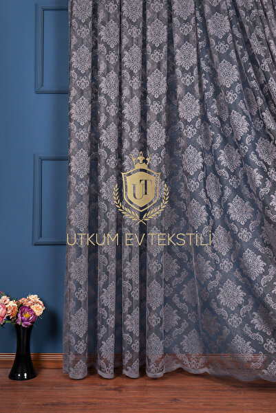 UTKUM EV TEKSTİL ÜRÜNLERİ Antrasit Örme Tül Perde Damask Desen 1012 1/2,50 No...