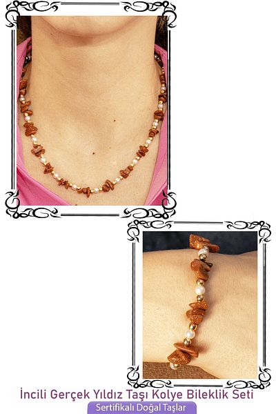 Tesbih Atölyesi Certified Pearl and Brown Star Natural Stone Necklace Bracelet Set