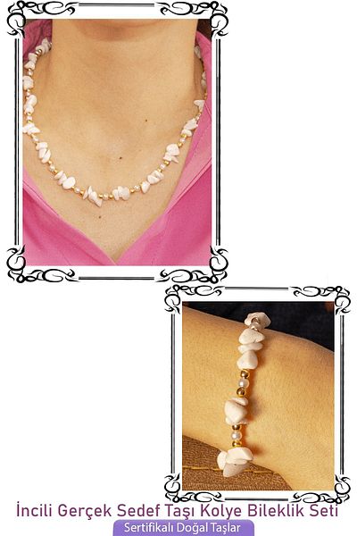 Tesbih Atölyesi Certified Pearl and White Mother of Pearl Natural Stone Necklace Bracelet Set